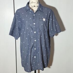 Mens Denim Blue Button Down Novelty Star Print  Patriotic Shirt Sz.Large